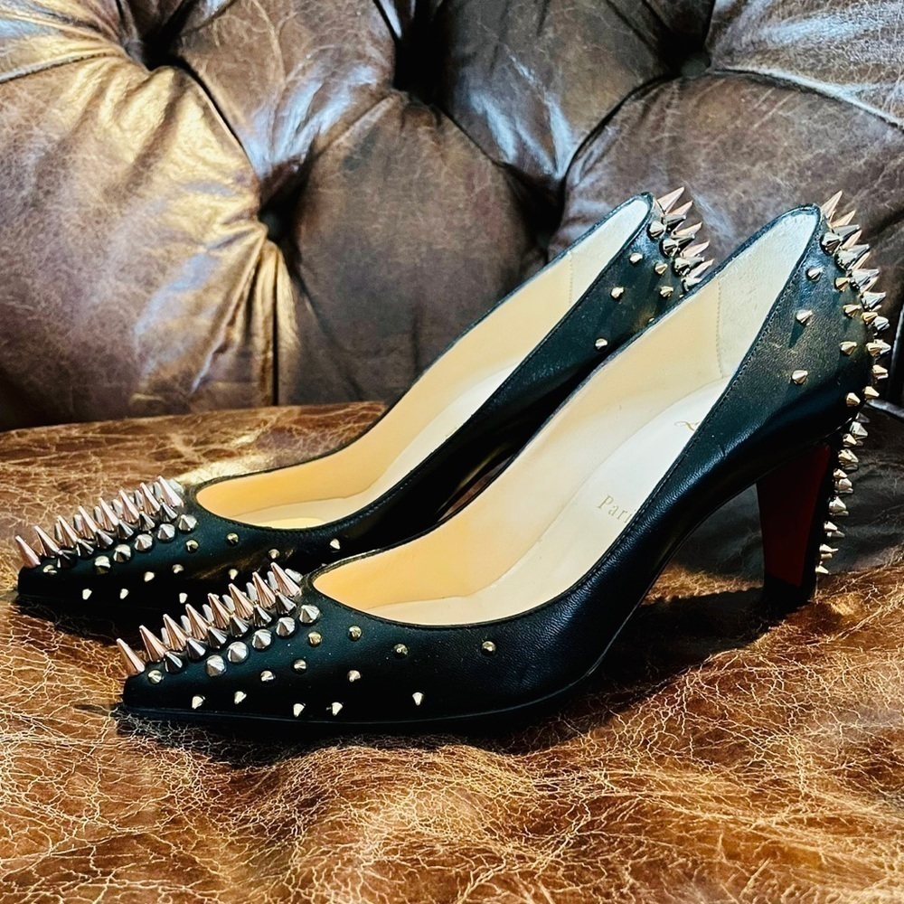 Christian Louboutin Dinosa multicolor spike 70mm black Napa leather pumps EU39.5 - Picture 2 of 10